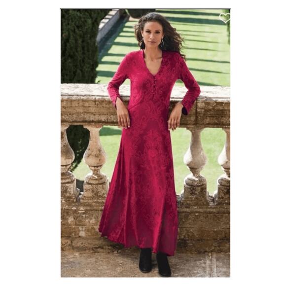 Soft Surroundings Red Damask V Neck Maxi Dress Sz.L - Picture 1 of 11
